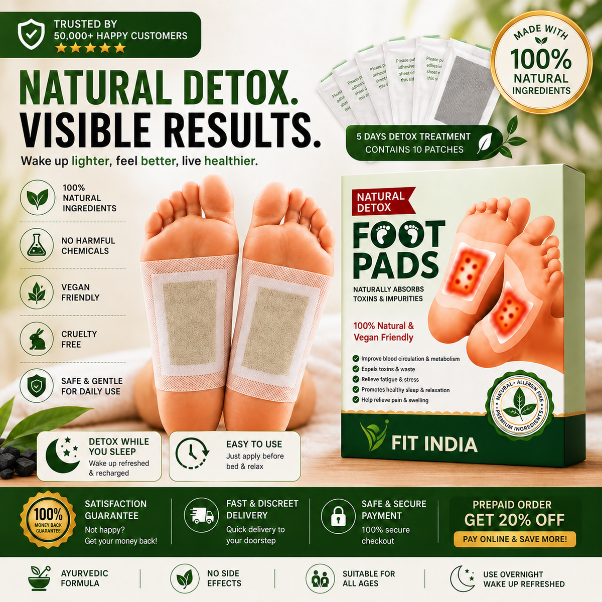 Premium Natural Detox Foot Patches (Buy 1 Get 1 Free) Pack of 10